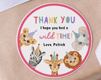 Bearbeitbare Party Tiere Favor Tags, Mädchen oder Junge Wild One Safari Tiere Danke Tags, Geschenkanhänger Digitale Vorlage Wild Time Zoo Sticker Z293