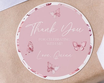 Butterfly Tags, Editable Printable Pastel Blush Pink Birthday Baby Shower Instant Download Circle Thank You Gift Tag Decor DIY Party Z314