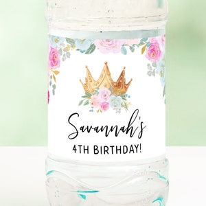 Princess Water Bottle Label, Pink and Gold Crown Baby Shower Favors, Floral Princess Printable Editable Template Royal Birthday Party Z313