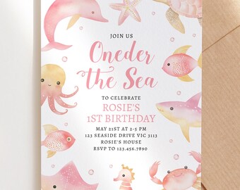 Invitación de cumpleaños de Oneder the Sea, plantilla editable, descarga instantánea, imprimible, bricolaje, primera invitación para niños en rosa y dorado H9