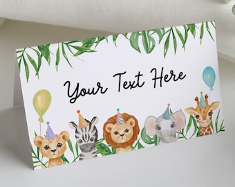 Editable Party Animals Place Card, Jungle Safari Food Labels Template, Birthday Place Card Tent Card Escort Card Zoo Wild One Printable Z293