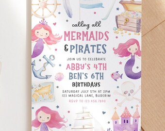 Mermaid and Pirate Birthday Invitation Template, Editable Printable Joint Party Siblings Brother Sister Kids Under Sea Instant Download H11