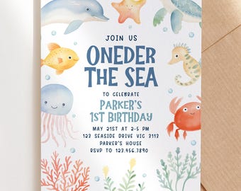 Invitación de cumpleaños de Oneder the Sea, plantilla editable, descarga instantánea, imprimible, bricolaje, criaturas del océano para niños, delfín, tortuga, primer cumpleaños H8