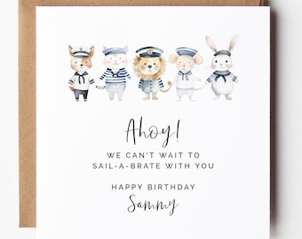 Plantilla de tarjeta de cumpleaños editable, imprimible DIY, temática náutica, ¡ahoy!, saludo cuadrado personalizado para niños, descarga instantánea.