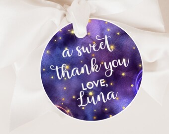 Galaxy Thank You Tags, Outer Space Editable Printable Girls Neon Glow Instant Download Cosmic Starry Birthday Baby Shower Favor Sticker Z330