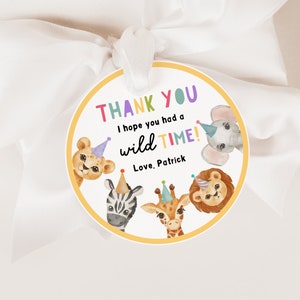 Editable Party Animals Favor Tags, Girl or Boy Wild One Safari Animals Thank You Tags, Gift Tag Digital Template Wild Time Zoo Stickers Z293