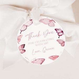 Whimsical Butterfly Circle Thank You Tags, Editable Printable Instant Download Pastel Blush Pink Birthday or Baby Shower Favor Labels Z314