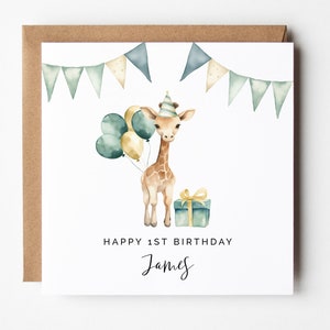 Bearbeitbare Geburtstagskartenvorlage, DIY druckbare Giraffe Safari Zoo Tier Grün Gold Personalisierter quadratischer Gruß für Jungen-Geburtstagsfeier