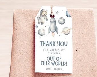Astronaut Thank You Tag, Editable Template Printable Instant Download DIY Space Teddy Bear Galaxy Rocket Ship Birthday Gift Favor Tags Z355