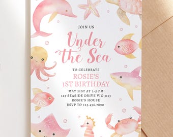 Invitación de cumpleaños bajo el mar, plantilla editable, descarga instantánea, imprimible, bricolaje, criaturas del océano, delfín, rosa dorado, invitación para niños H9