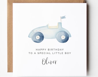 Plantilla de tarjeta de cumpleaños editable, saludo cuadrado personalizado de coche de carreras azul imprimible para niños, descarga instantánea.