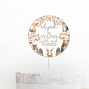 Modèle modifiable de décoration de gâteau, jeune sauvage et trois animaux de la forêt imprimable téléchargement immédiat DIY 3e anniversaire Party pièce maîtresse Z343