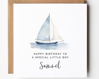 Plantilla de tarjeta de cumpleaños editable, imprimible DIY, con temática de velero azul, saludo cuadrado personalizado para niños, descarga instantánea.