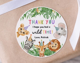 Bearbeitbare Party Tiere Favor Tags, Mädchen oder Junge Wild One Safari Tiere Danke Tags, Geschenkanhänger Digitale Vorlage Wild Time Zoo Sticker Z293