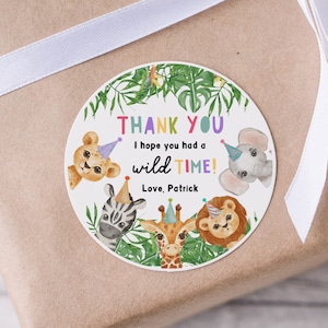 Editable Party Animals Favor Tags, Girl or Boy Wild One Safari Animals Thank You Tags, Gift Tag Digital Template Wild Time Zoo Stickers Z293