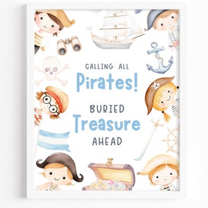 Pirate Party Table Sign, Editable Template Printable Instant Download Birthday Party DIY Calling All Pirates Buried Treasure Ahead Z352