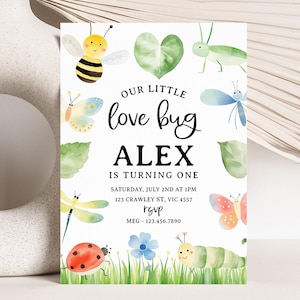 Könnte beinhalten: Eine farbenfrohe Einladung zu einer ersten Geburtstagsfeier mit einem Insekten-Thema. Die Einladung zeigt einen grün-gelb-blauen Schmetterling, einen roten Marienkäfer, eine grüne Raupe, eine grüne Heuschrecke, eine blaue Libelle und eine gelbe Biene. Der Text auf der Einladung lautet "Unser kleiner Liebeskäfer Alex wird ein Jahr alt. Samstag, 2. Juli um 13 Uhr. 123 Crawley St, VIC 4557. RSVP. MEG - 123.456.7890."