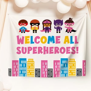 Superhero Birthday Backdrop Banner, Editable Template Printable Instant Download Super Hero Party Decor Pink Welcome Party Sign DIY Z297