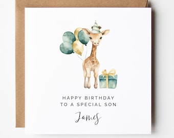 Plantilla de tarjeta de cumpleaños editable, imprimible DIY: jirafa, safari, zoológico, globos verdes y dorados, regalo, linda tarjeta de dibujos animados para fiesta de cumpleaños de niños.