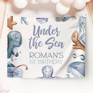 1er cumpleaños telón de fondo, bajo el mar imprimible descarga instantánea animales del océano niños fiesta náutica decoración acuarela grande 30x40 banner Z329