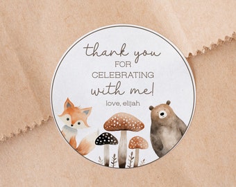 Danke Tag, runder Kreis Wald Waldtiere bearbeitbar druckbar DIY Kinder Favor Tag Labels Aufkleber Bär Fuchs Instant Download Z343