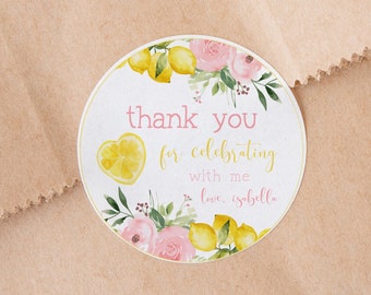 Thank You Tag, Lemon Floral Round Circle Gift Labels Editable Template Printable DIY Kids Girls Spring Summer Party Instant Download Z340