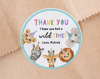 Bearbeitbare Party Tiere Gastgeschenk Tags, Wild One Safari Danke Tag, Zoo Tiere Geburtstag Aufkleber, Wild Time Printable Template Z293