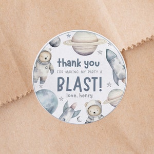 Etichetta rotonda di ringraziamento, etichetta adesiva spaziale Modello stampabile modificabile fai da te Scarica Teddy Astronauta Galaxy Bambini Ragazzo Compleanno Baby Shower Z355