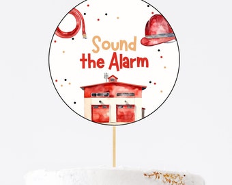 Adorno para tarta de camión de bomberos, plantilla editable, imprimible, para descargar, bricolaje, casco de bombero para niños, decoración de centro de mesa para tarta circular redonda Z358