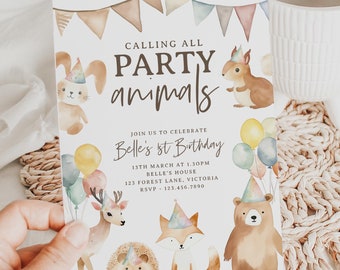 Invitación de cumpleaños de bosque, plantilla editable, descarga instantánea para imprimir, bricolaje, criaturas del bosque, oso, zorro, ciervo, animales para la primera fiesta, invitación H5