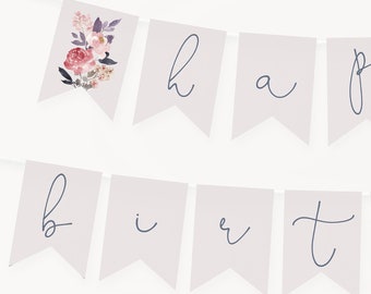Happy Birthday Banner Template, Instant Download Party Banner, Printable Custom Banner Garland, Editable Floral DIY Bunting 1st Birthday Z14