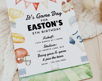 Invitación de cumpleaños de fútbol, plantilla editable, descarga instantánea para imprimir, bricolaje, para niños, juego de fútbol, invitación para el primer, segundo, tercer, cuarto y quinto cumpleaños H6