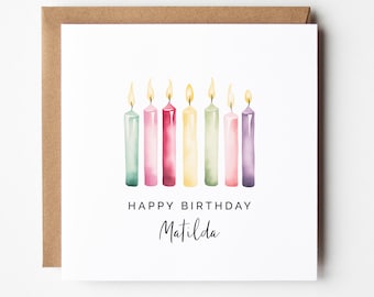 Plantilla de tarjeta de cumpleaños editable, velas de cumpleaños coloridas imprimibles, saludo cuadrado personalizado para niño o niña, descarga instantánea