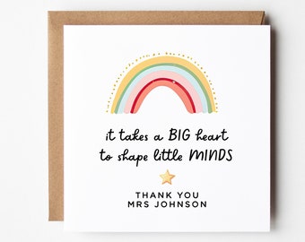 Teacher Thank You Card, Personalised DIY Rainbow It Takes a Big Heart To Shape Little Minds End of Term Gift Instant Download for Educators