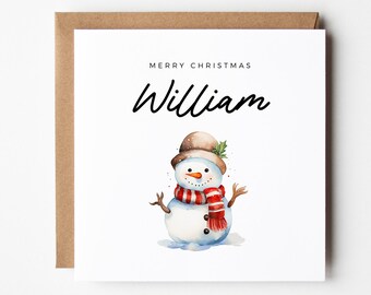 Editable Snowman Christmas Card, Personalised Name Square Greeting Digital Print Merry Xmas Unique Folded Holiday Instant Download Keepsake