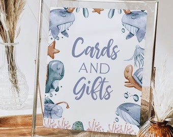 Cards & Gifts Table Sign, Ocean Animals Whale Turtle Kids Under the Sea Nautical Party Decor Editable Printable Instant Download Party Z329