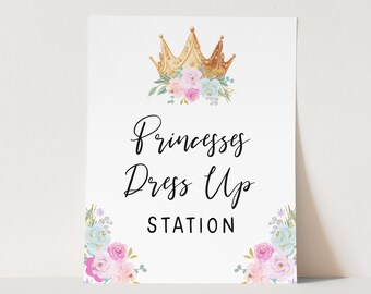 Editable Princess Party Sign Template, Princess Dress Up Station Party Table Sign, Instant Download Printable Whimsical Girls Party Z313