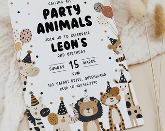 Party Animals Birthday Invitation Template, Editable Printable Safari Jungle Wild Animal Kids Boys Lion Tiger Zebra Instant Download H10