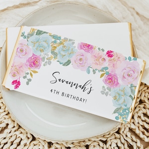 Editable Princess Chocolate Wrapper Template, Printable Pink Floral Gold Crown Candy Bar Wrapper Girls Birthday Party Decor Favors Z313