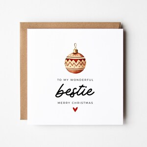 Boho kaart voor Bestie, kerstbal bewerkbare sjabloon Merry Christmas beste vriend BFF moderne vierkante kaart direct afdrukbare gepersonaliseerde kaart