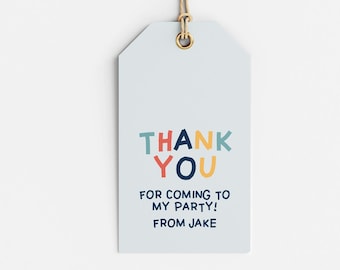 May include: A colourful thank you tag with the text "THANK YOU" in a playful font. The tag says "For coming to my party! From Jake".
