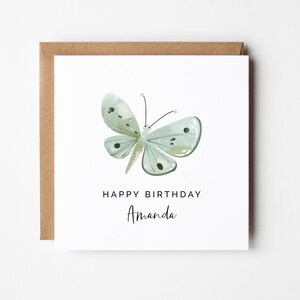 Modèle de carte d'anniversaire modifiable, bricolage imprimable mignon papillon vert pastel fantaisiste carré voeux pour enfants filles fille nièce ami