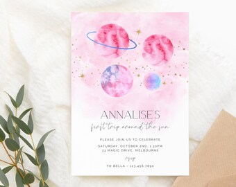 Editable Outer Space Birthday Invitation Template, First Trip Around The Sun Party Invite, Girls First Birthday Space Printable Invite Z291