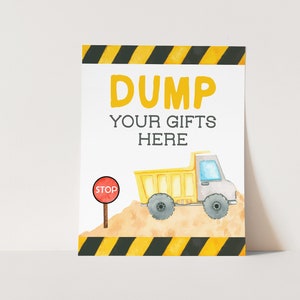Druckbares Konstruktions-Geburtstags-Geschenk-Tischschild, Konstruktions-Geburtstagsschild, sofortiger Download, Dump-Geschenke hier Party-Zeichen, bearbeitbar DIY Z289