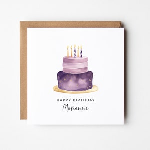 Modelo de cartão de aniversário editável, faça você mesmo para impressão, bolo dourado roxo, cartão quadrado, amiga, mãe, filha, melhor amiga, irmã, download instantâneo