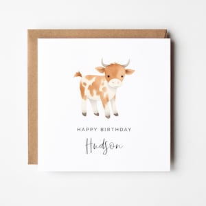 Modello di biglietto di auguri per il 1° compleanno, fai da te modificabile, stampabile, mucca, fattoria, animali, auguri quadrati personalizzati per bambini, download immediato