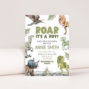Editable Baby Shower Invitation, Printable Instant Download Dinosaur Jurassic Prehistoric ROAR It&#39;s a Boy T-Rex Pterodactyl Triceratops Z304