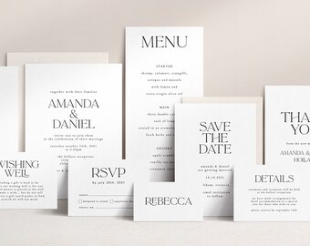 Minimalist Wedding Bundle, Day of Wedding Templates, Simple White Invitation Suite, 100% Editable, Modern Instant Download, Templett WED19