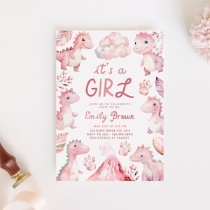 Dinosaurier-Babyparty-Einladung, es ist ein Mädchen rosa Aquarell Jurassic T-Rex Prähistorische Blumenpastell Bearbeitbare Druckbare DIY Download Z347