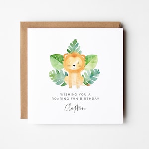 Bearbeitbare Geburtstagskartenvorlage, DIY druckbarer Löwe Safari Zoo Wilder brüllender Spaß personalisierter quadratischer Gruß für Kinder Jungen Sofort-Download